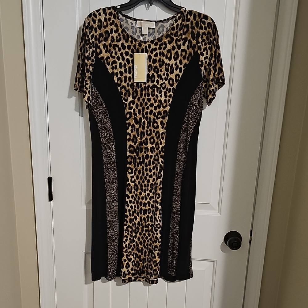 Michael Kors Tan and Cream Sheath Mini Dress Crew Neck